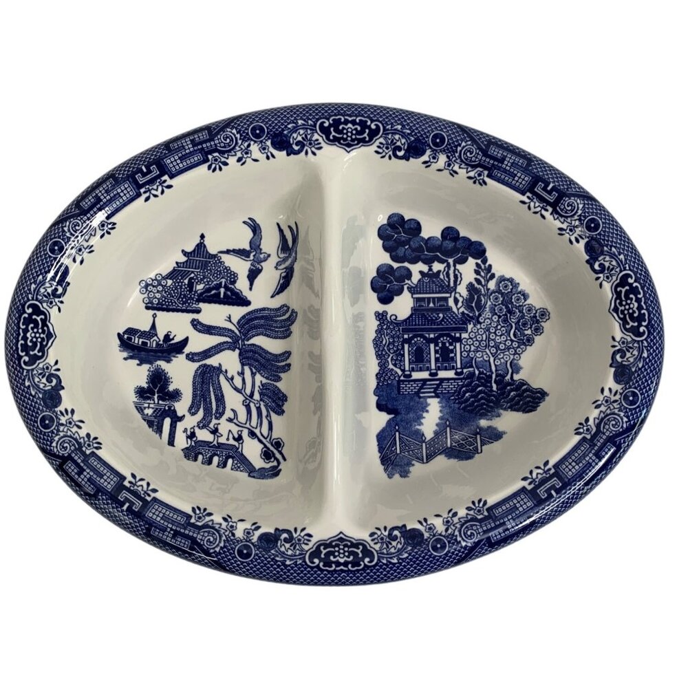 Churchill Blue Willow Divided Oval Serving Dish 10" X 7.5" England R10531 EUC